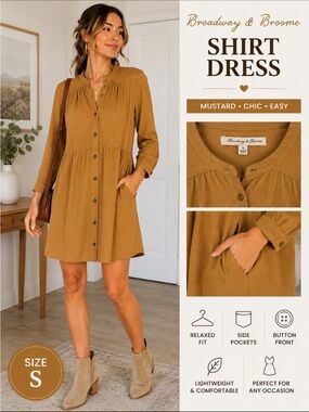 Broadway & Broome Mustard Long-Sleeve Button Front Shirt Dress